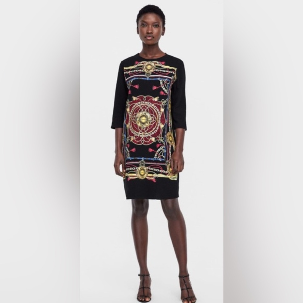 ZARA Ornate Medallion Black Shift Dress Bohemian Artsy Classic Flare, Med, EUC